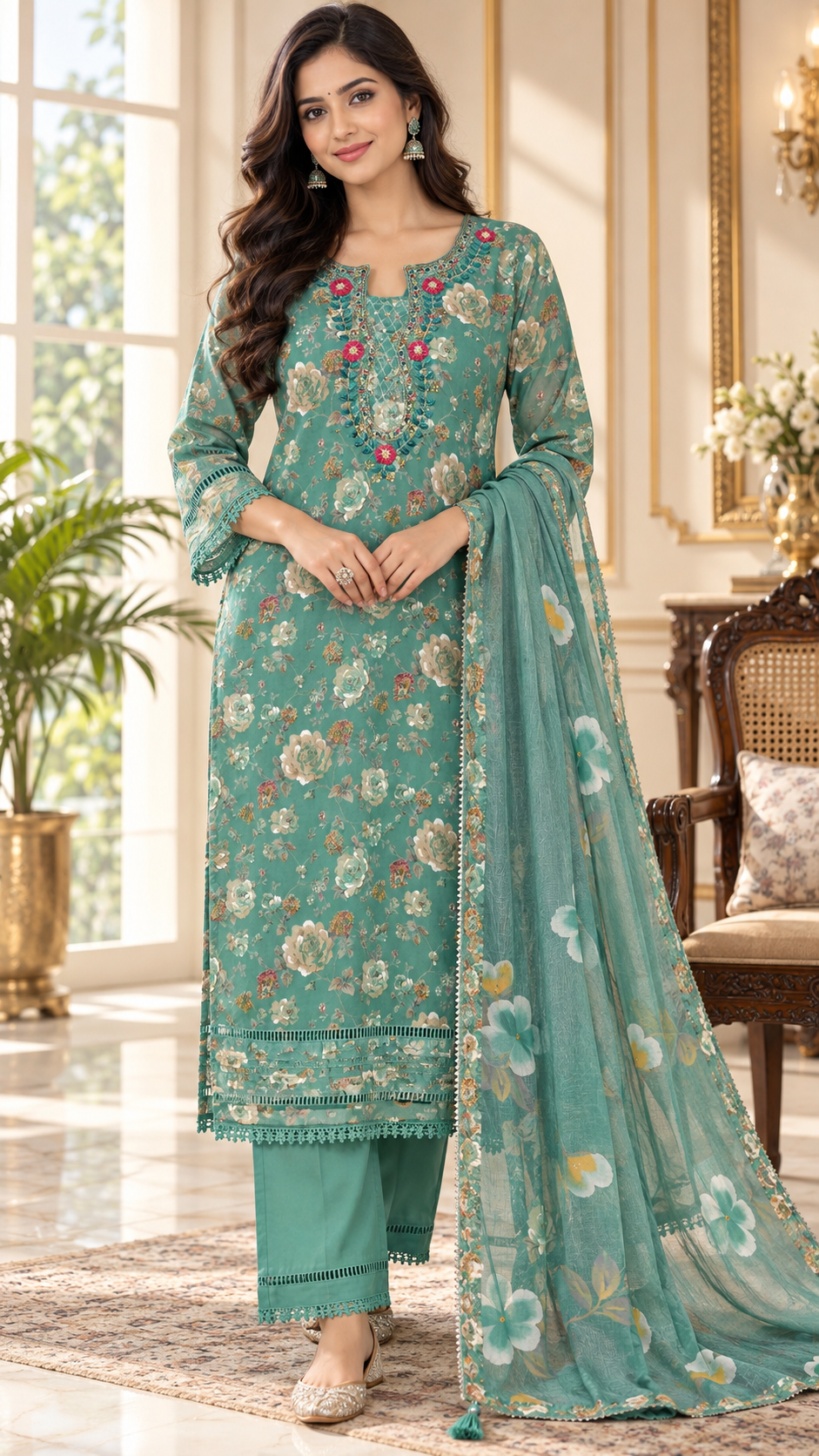 Green Embroidered Cotton kurta pant dupatta set for women - image 1