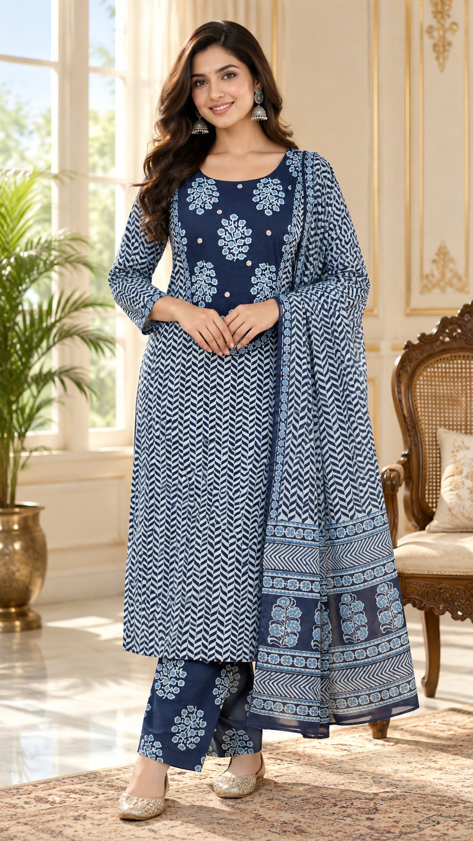 Blue Printed Cotton kurta pant dupatta set for women - image 2