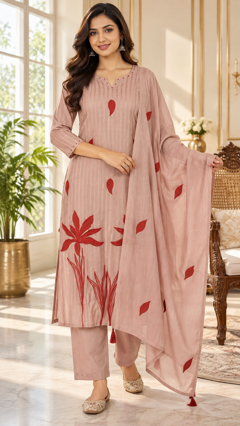 Pink Embroidered Cotton kurta pant dupatta set for women - image 1