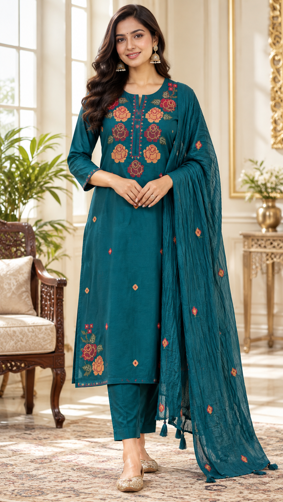 Teal Blue Embroidered Cotton kurta pant dupatta set for women - image 2