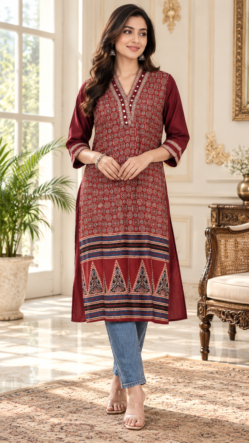 Maroon Mirror Work Silk kurta for women - image 2