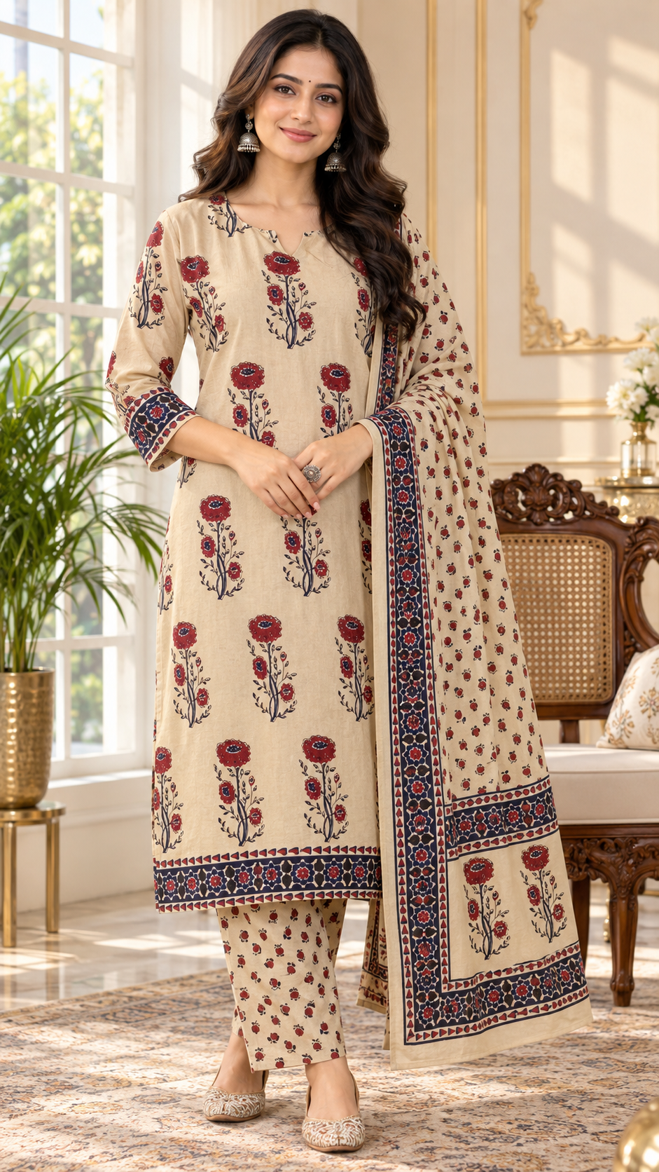 Beige Floral Printed Cotton kurta pant dupatta set for women - image 2