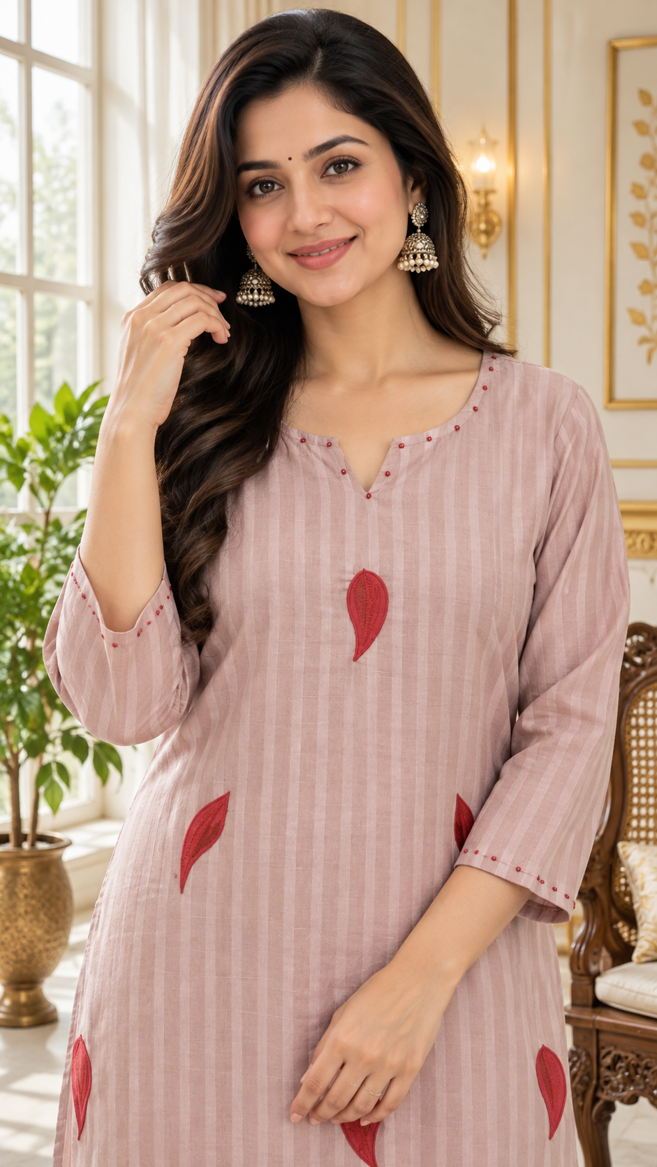 Pink Embroidered Cotton kurta pant dupatta set for women - image 2