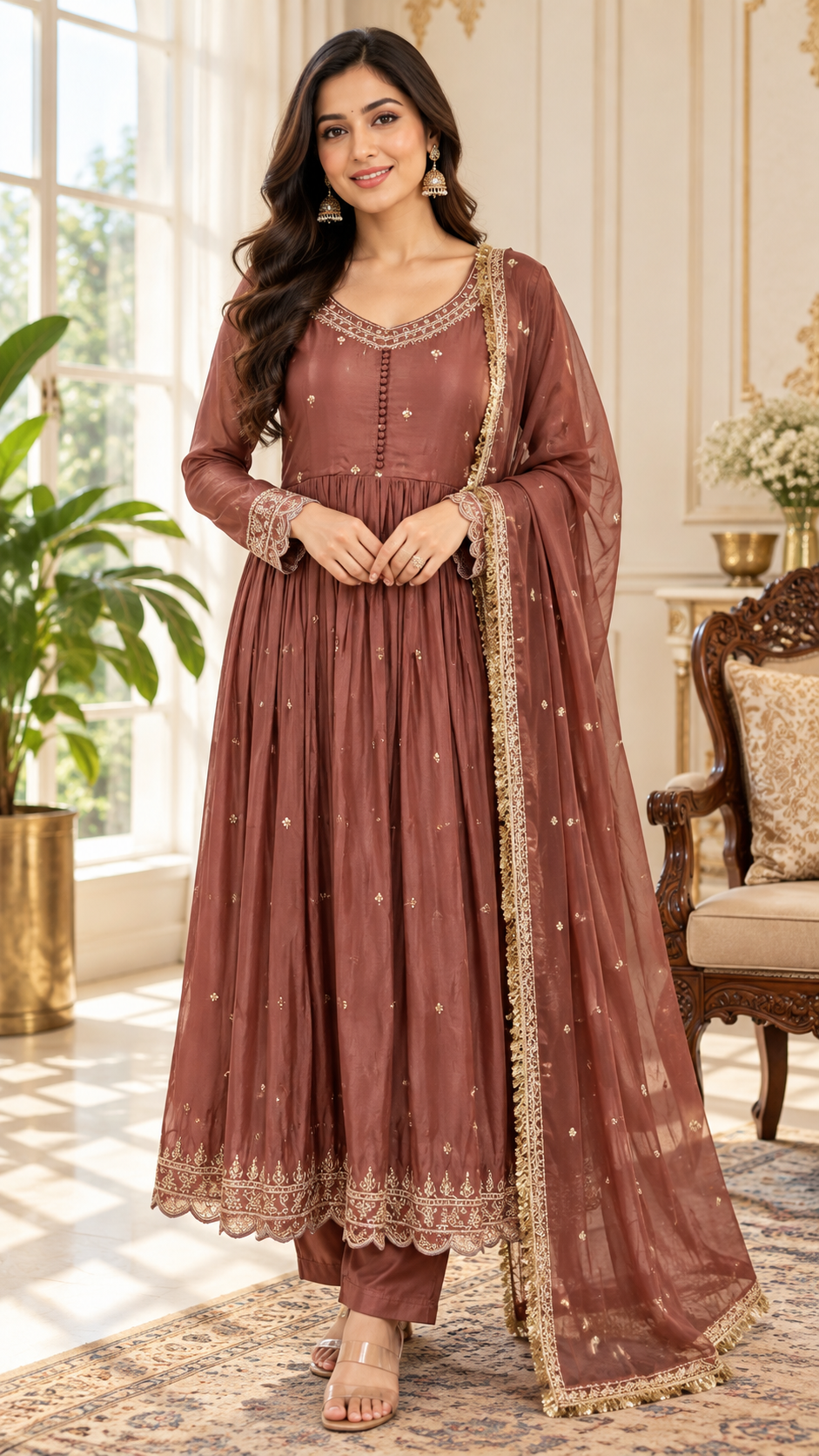 Brown Embroidered kurta pant dupatta set for women - image 2