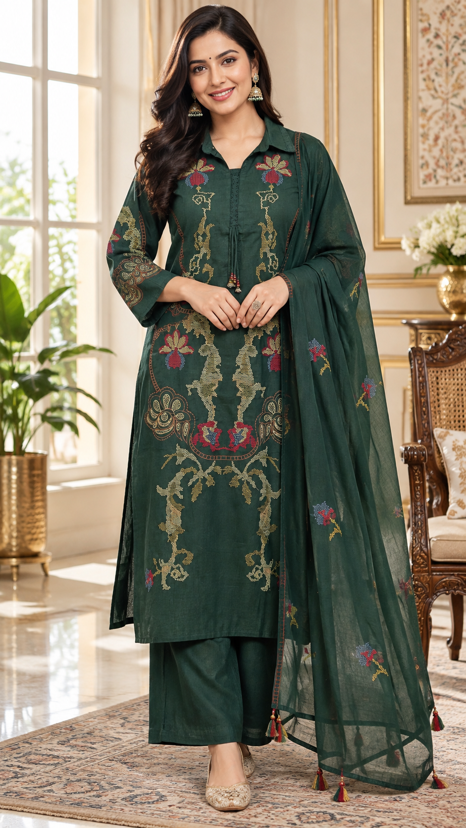 Dark Green Embroidered Cotton kurta pant dupatta set for women - image 1