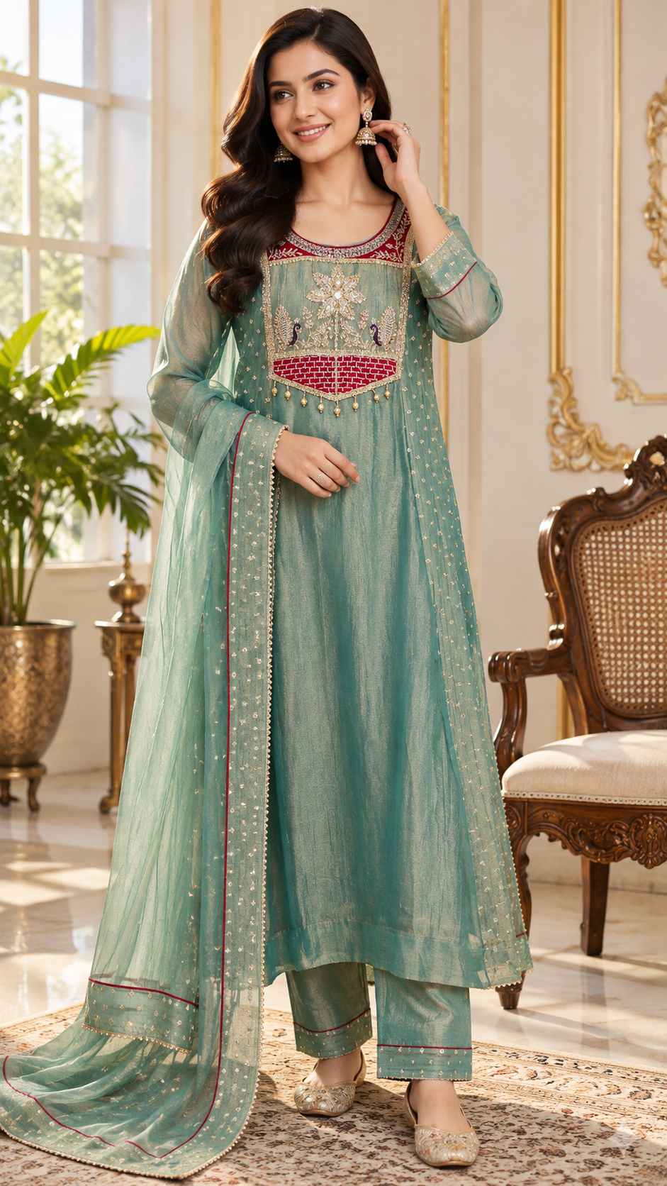 Green Zari Work Tissue kurta pant dupatta set for women - image 1