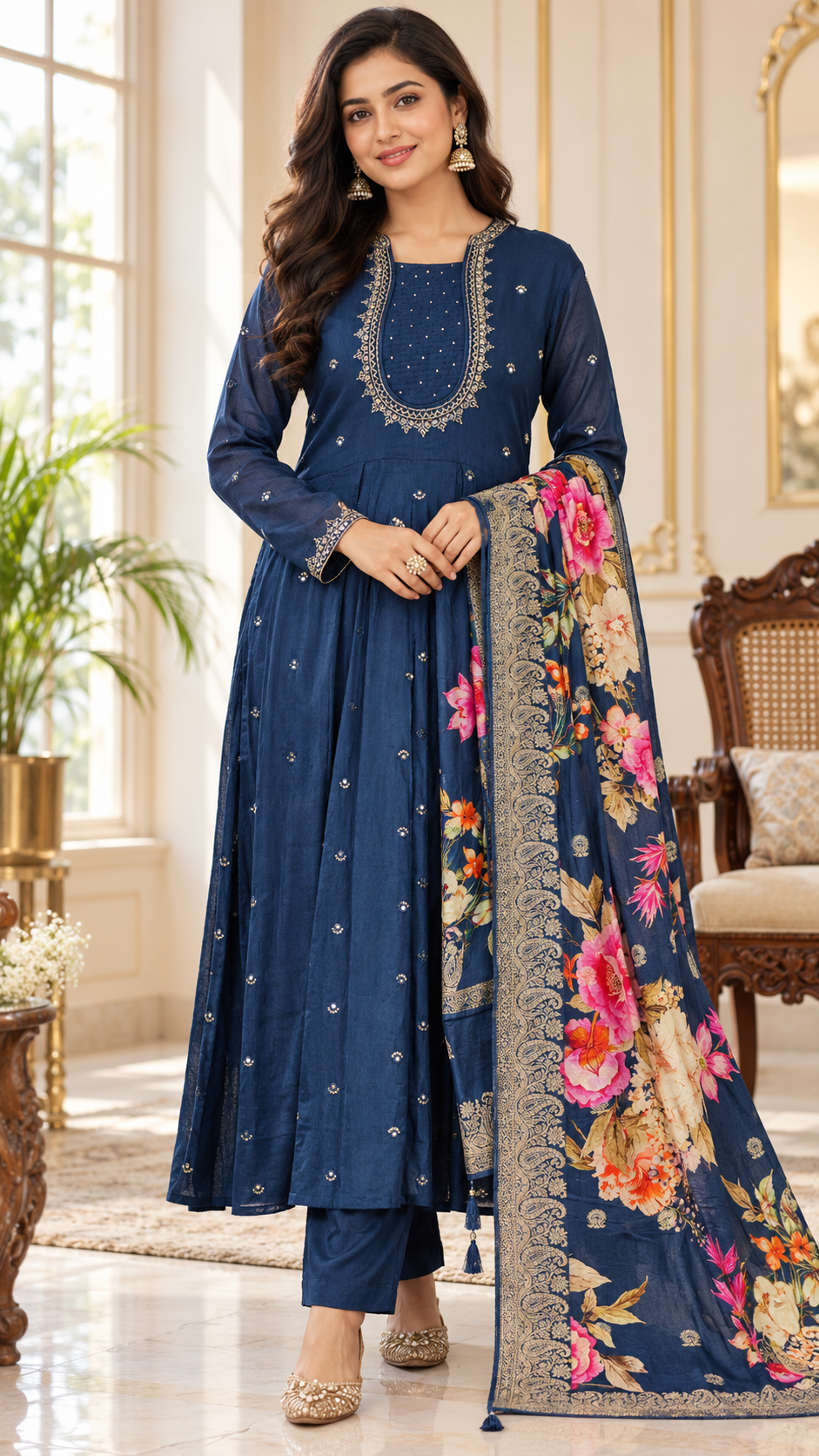 Navy Mirror Work kurta pant dupatta set for women - image 2