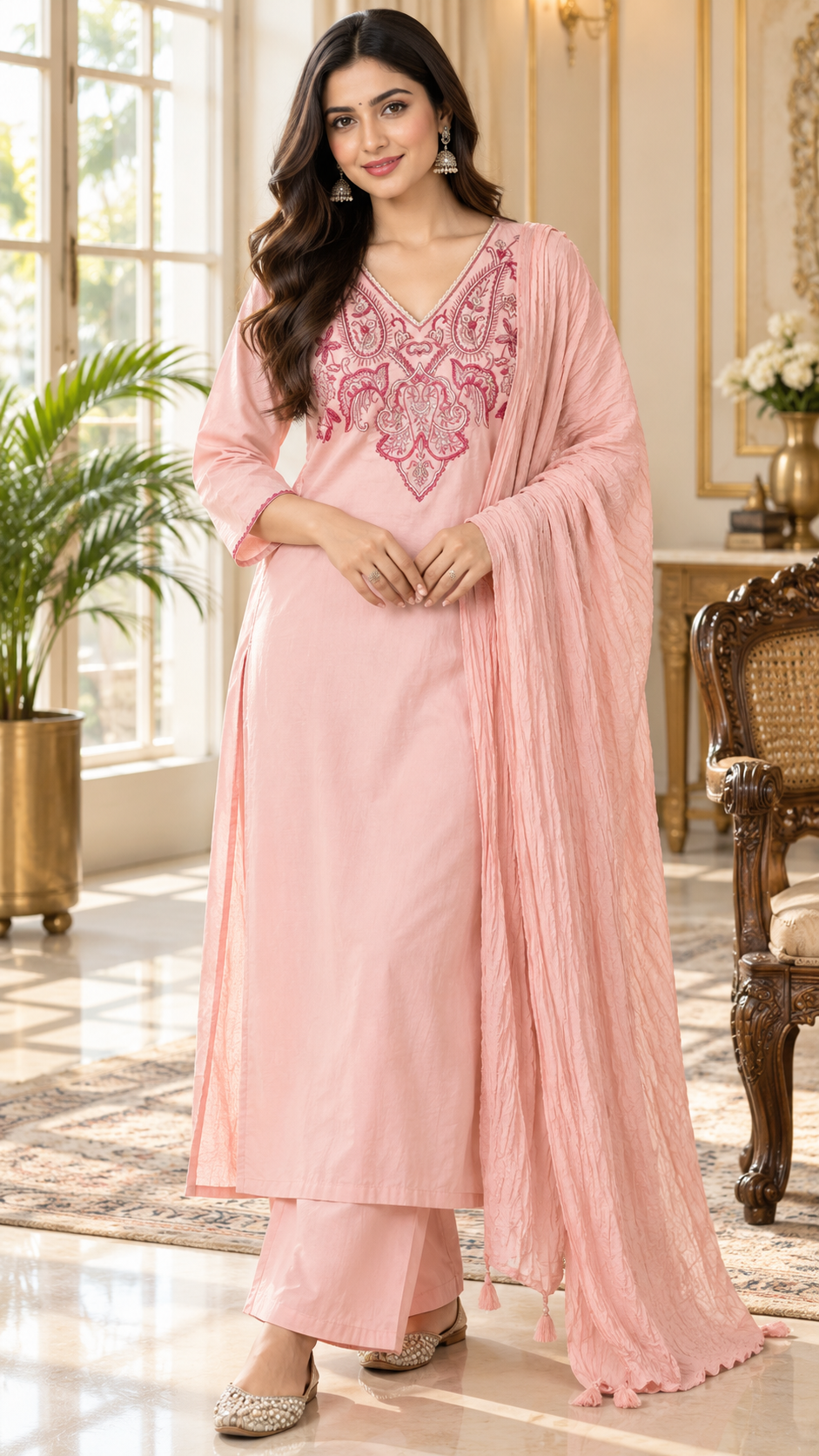 Pink Embroidered Cotton kurta pant dupatta set for women - image 2