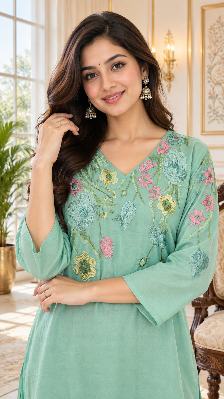 Green Embroidered Cotton kurta pant dupatta set for women - image 2