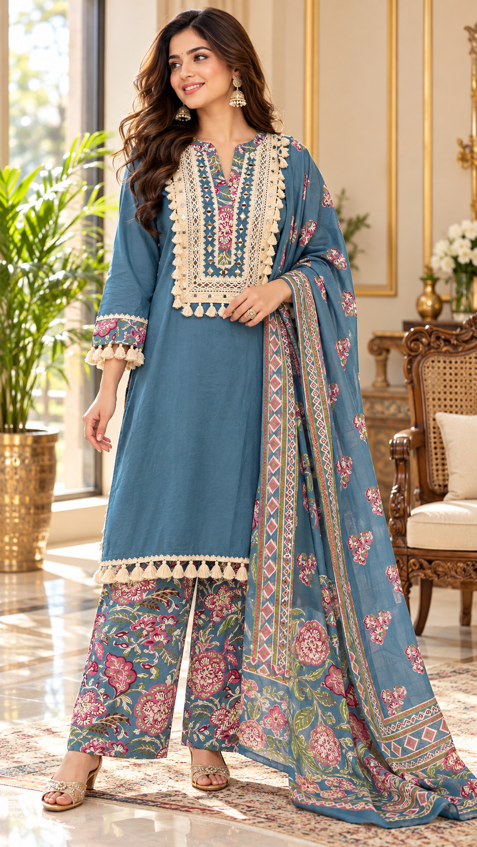 Women Blue Embroidered Cotton Kurta Pant Dupatta Set