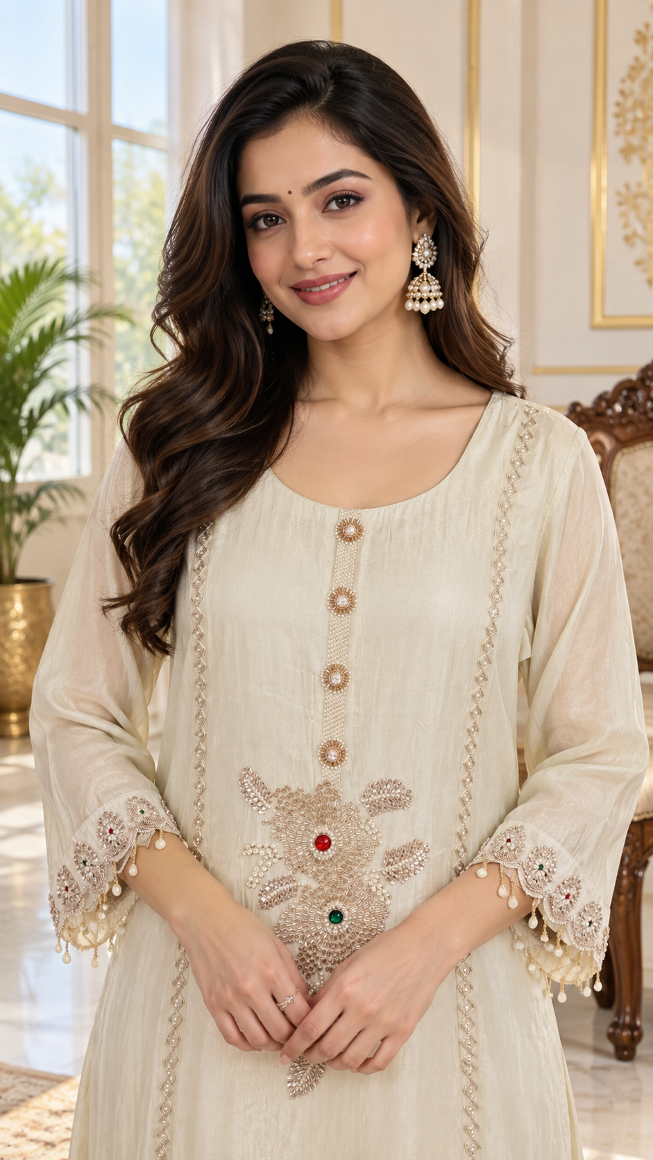 Beige Embroidered Silk kurta pant dupatta set for women - image 2