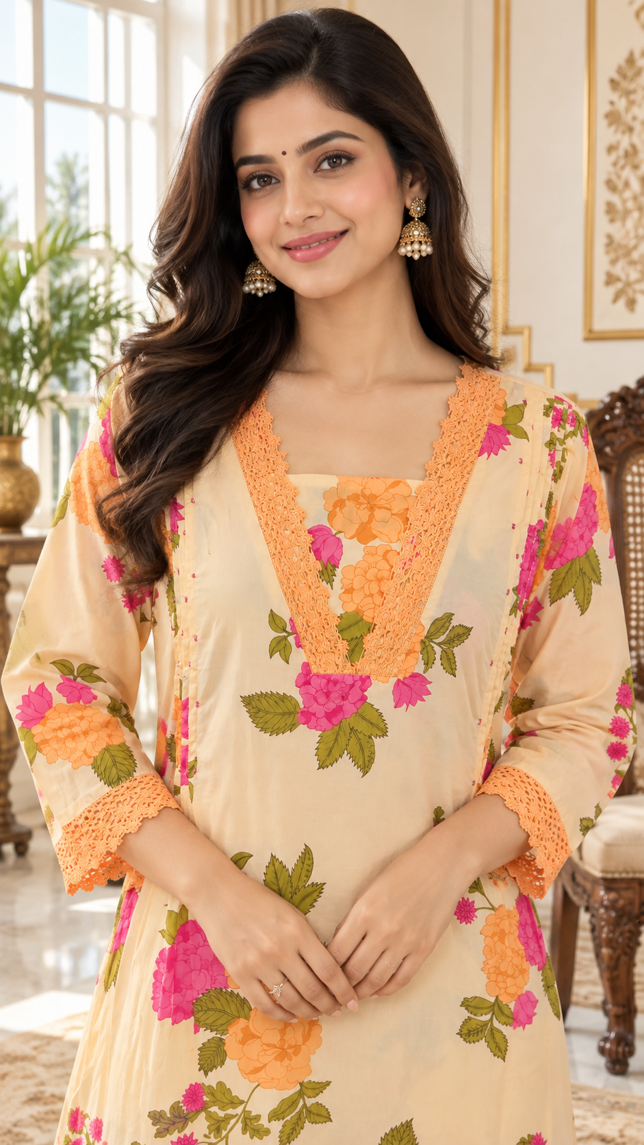 Orange Printed Cotton kurta pant dupatta set for women - image 1