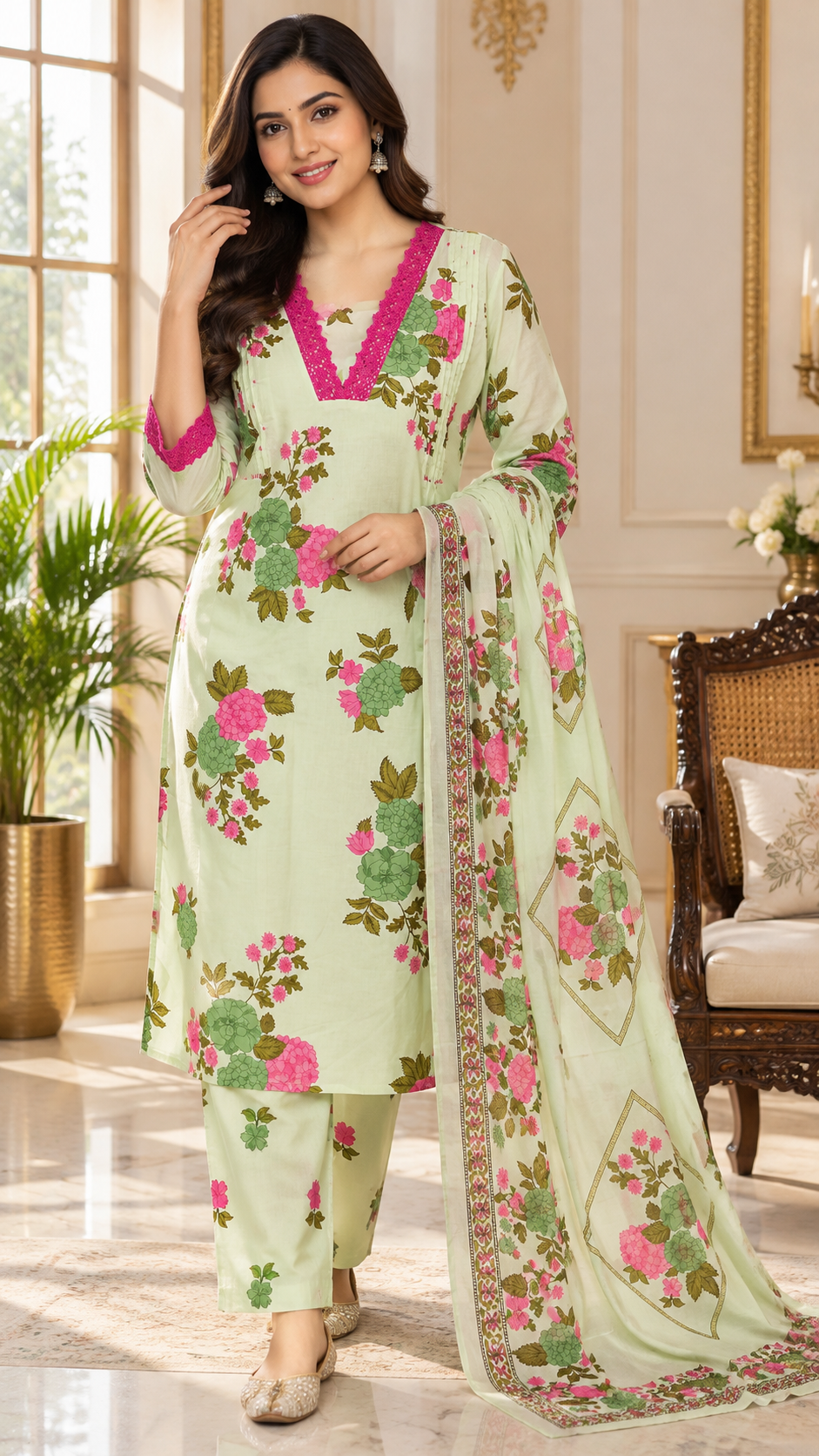 Green Floral Printed Cotton kurta pant dupatta set for women - image 2