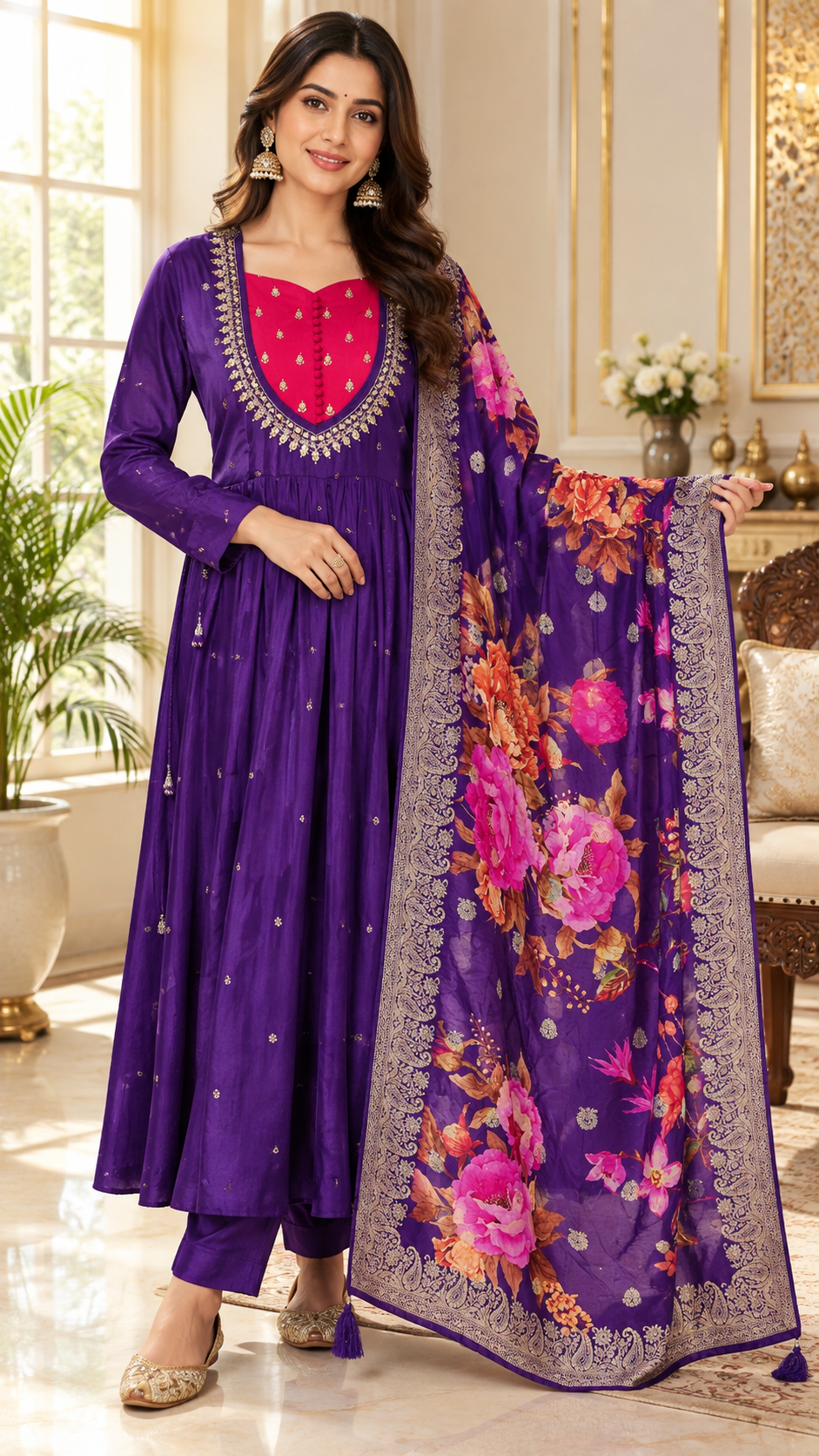Purple Mirror Work kurta pant dupatta set for women - image 1