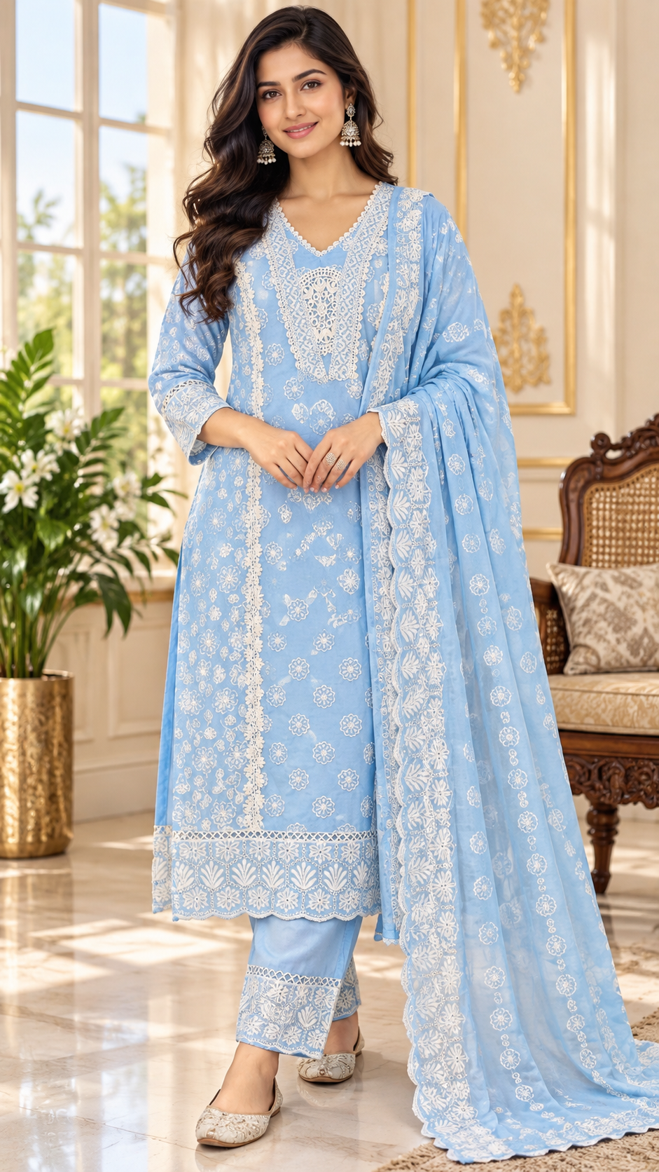 Sky Blue Lucknowi Chikankari Mul Cotton kurta pant dupatta set for women - image 2