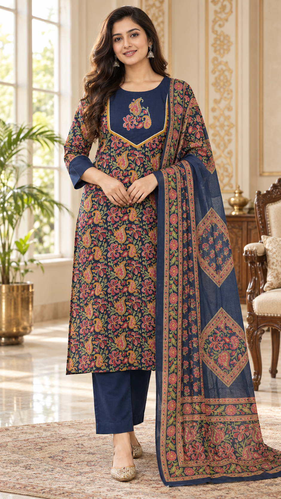 Blue Embroidered Cotton kurta pant dupatta set for women - image 2