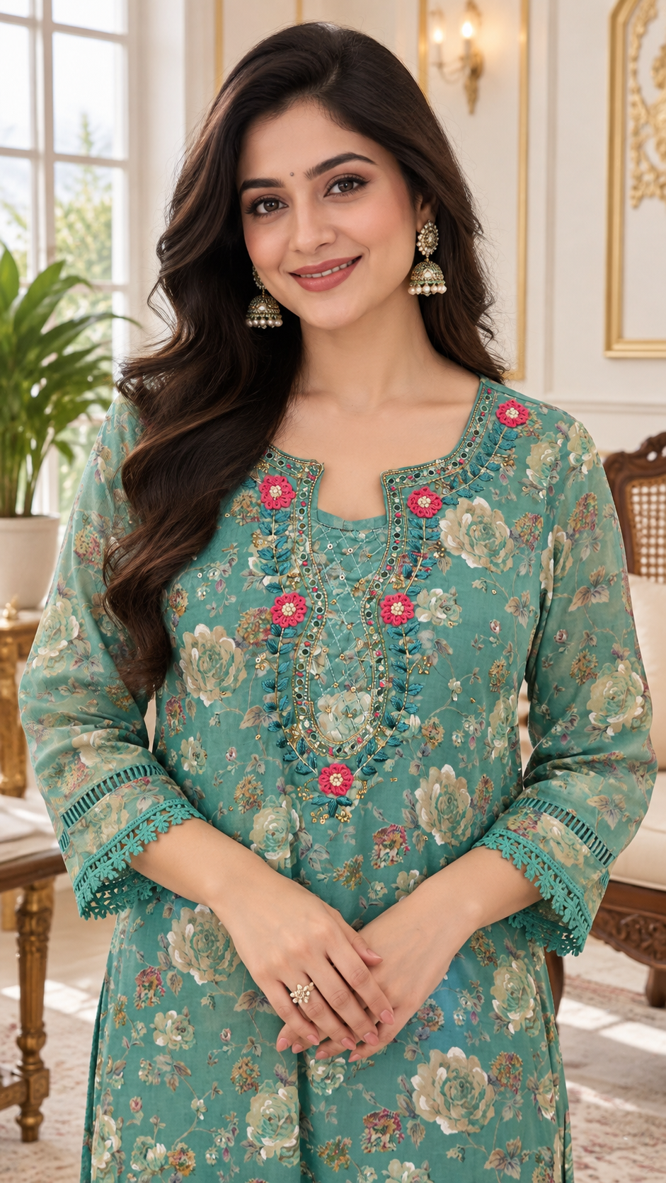Green Embroidered Cotton kurta pant dupatta set for women - image 2