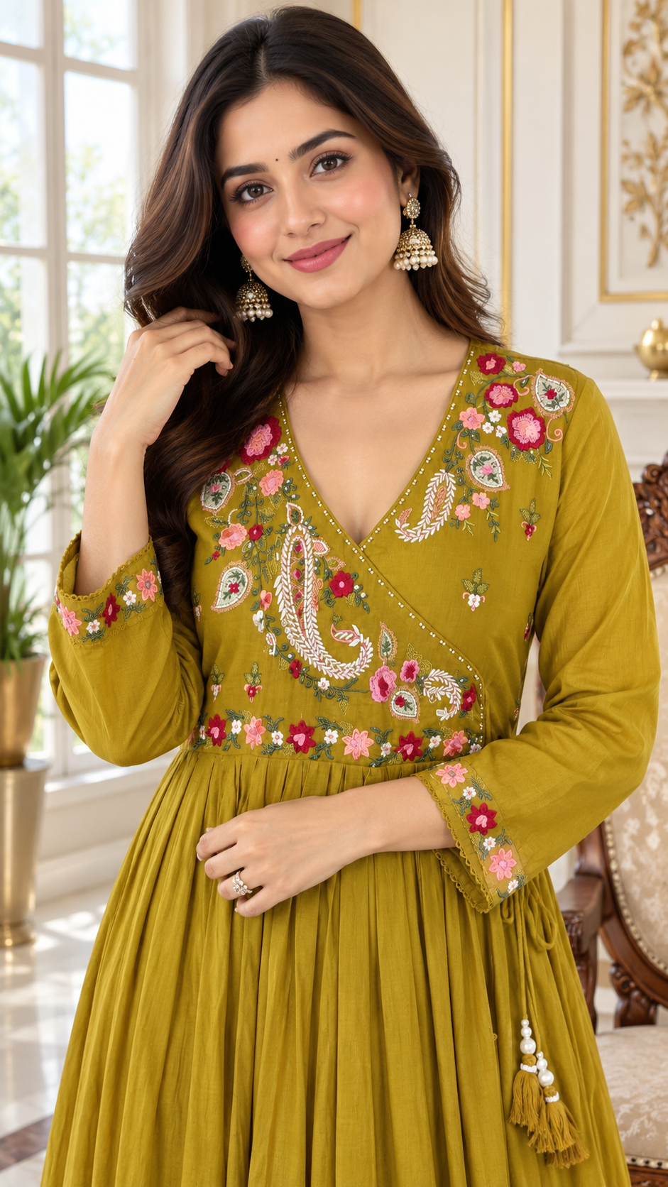 Mustard Yellow Embroidered Cotton kurta pant dupatta set for women - image 2