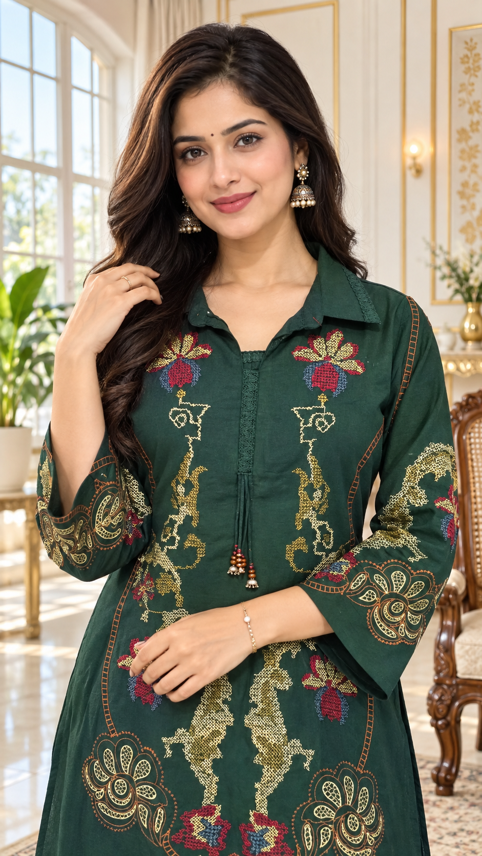 Dark Green Embroidered Cotton kurta pant dupatta set for women - image 2