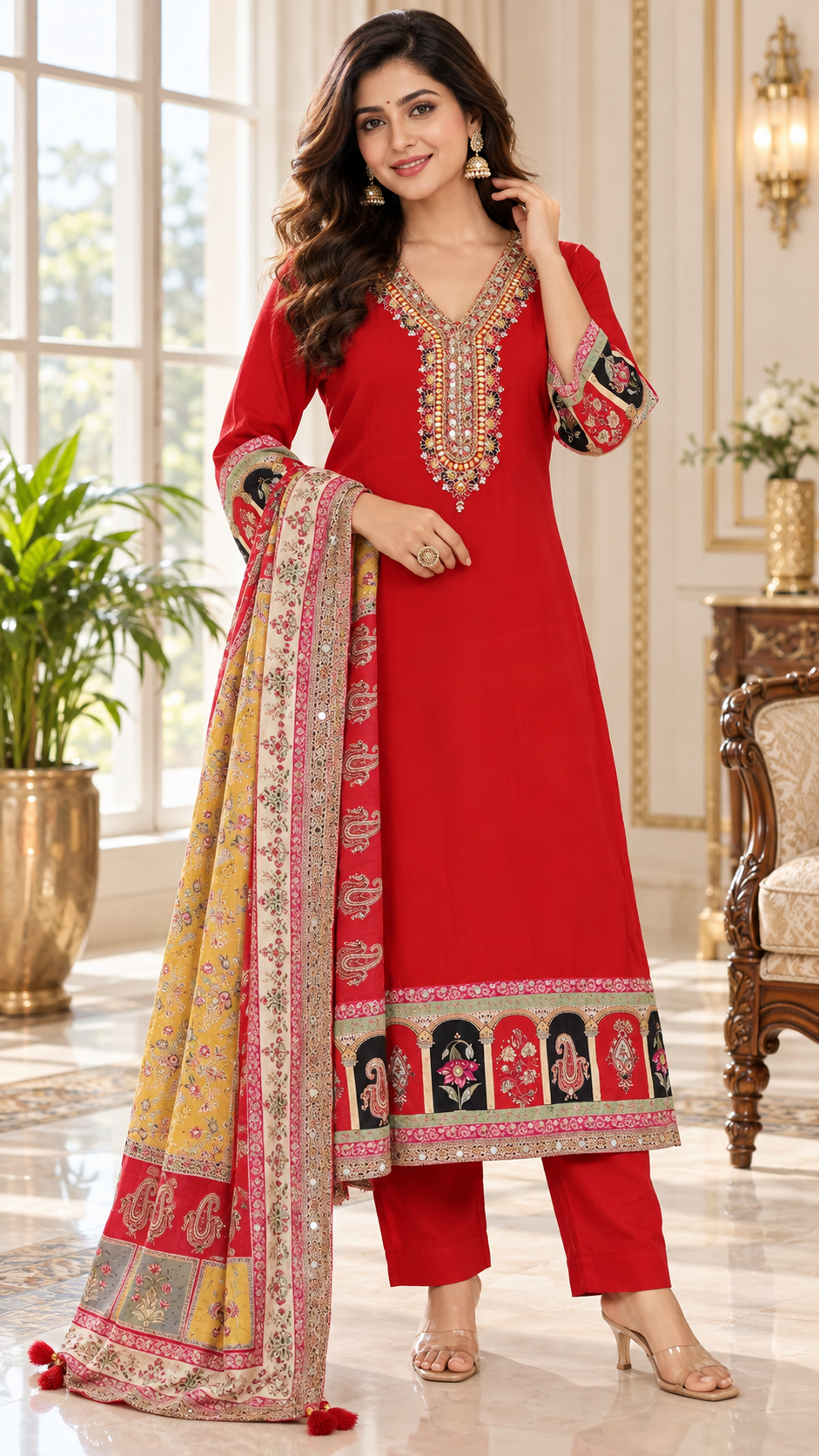 Red Embroidered Silk kurta pant dupatta set for women - image 2