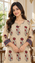 Beige Floral Printed Cotton kurta pant dupatta set for women - image 1
