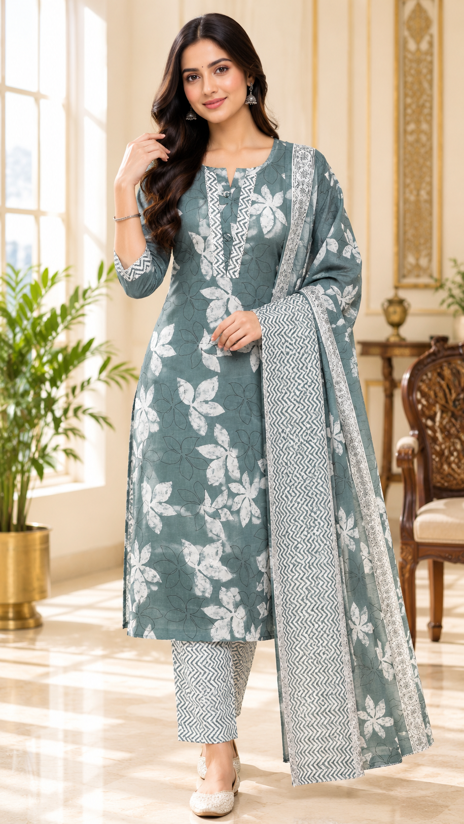 Gray Printed Cotton kurta pant dupatta set for women - image 2