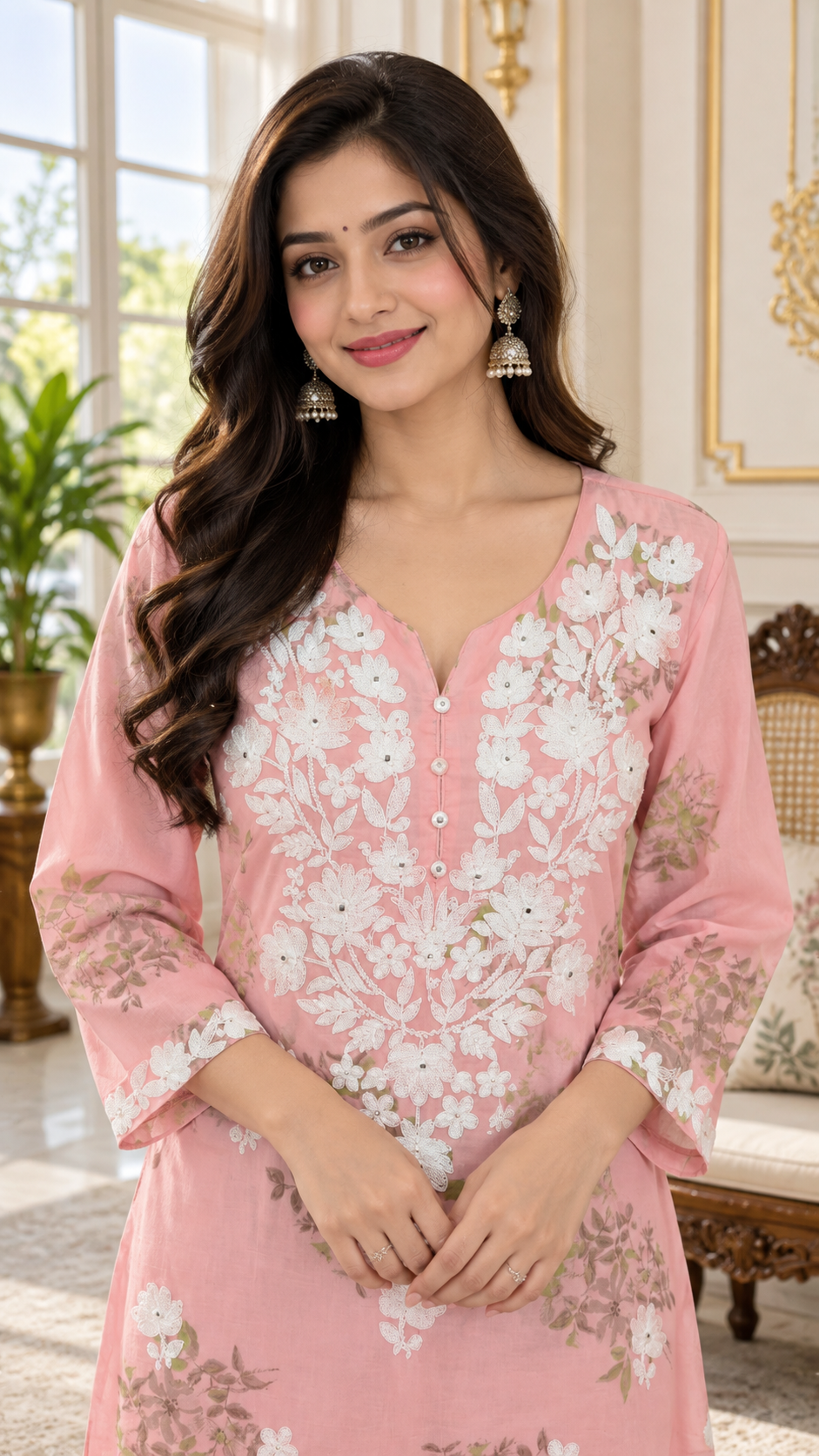 Pink Chikankari Cotton kurta pant dupatta set for women - image 2