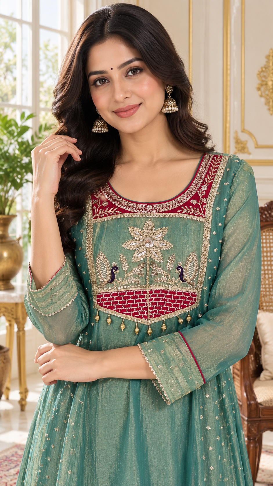 Green Zari Work Tissue kurta pant dupatta set for women - image 2