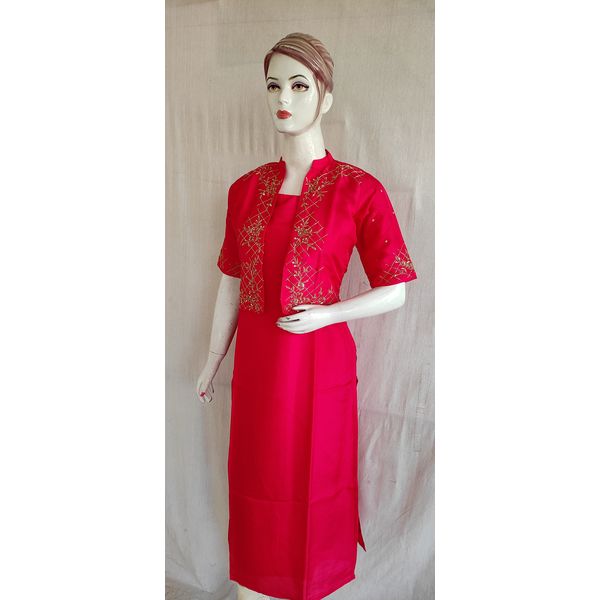 Buy Pink Lace Work Cotton Kurta with Jacket and Pajama - Set of 3 |  KK752/KAL9 | The loom